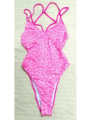 Pink high slit one-piece swimsuit