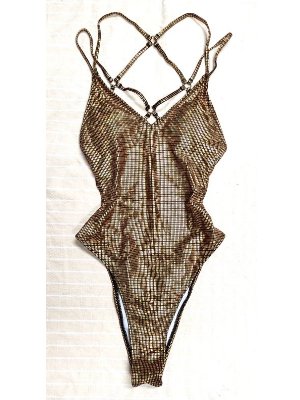 Golden high slit strappy swimsuit 金色高衩吊帶連體泳衣