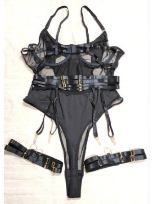 Black mesh strappy leotard黑色網紗綁帶連體衣