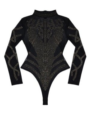 Black long sleeve mesh rhinestone leotard 黑色長袖網紗水鑽連體衣