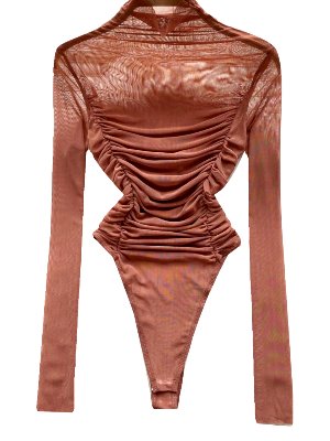 Caramel gathered pleated mesh leotard 焦糖色抓皺網紗連體衣