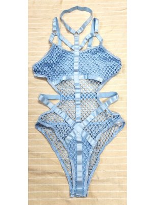 Aqua blue fishnet strap hollow leotard水藍色網狀綁帶鏤空連體衣