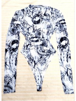 Long sleeve white mesh art pattern leotard長袖白色網紗藝術圖樣連體衣